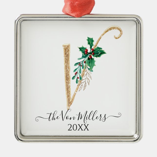 Adorno Metálico Monograma dorado V Navidades Purpurinas Holly Foli (Frente)