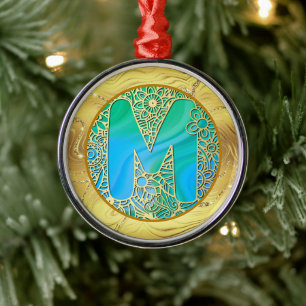 Adorno Metálico Monograma inicial M Navidad - Dorado, Turquesa & A