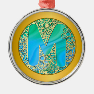 Adorno Metálico Monograma Inicial M Navidad - Oro , Verde azulado