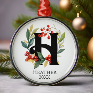 Adorno Metálico Monograma Letra inicial H Berry Wreath Navidades