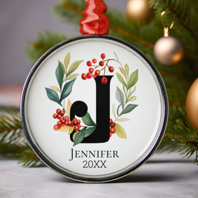 Adorno Metálico Monograma Letra inicial J Berry Wreath Navidades (Subido por el creador)