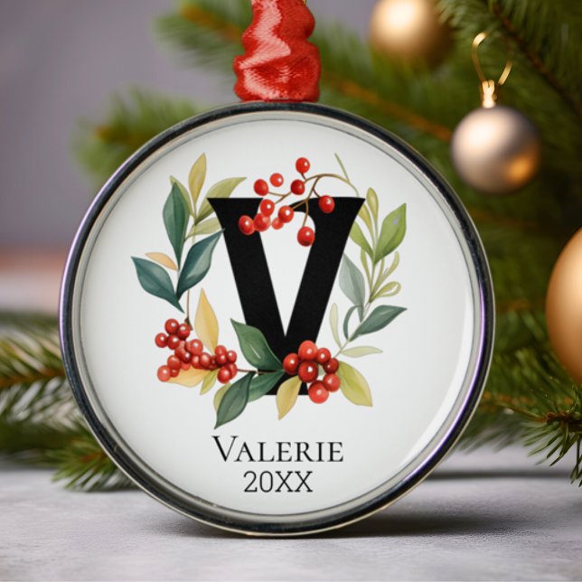 Adorno Metálico Monograma Letra inicial V Berry Wreath Navidades (Subido por el creador)