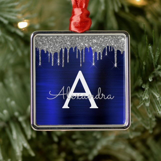 Adorno Metálico Monograma Metalizado cepillado con Purpurina azul  (Árbol)