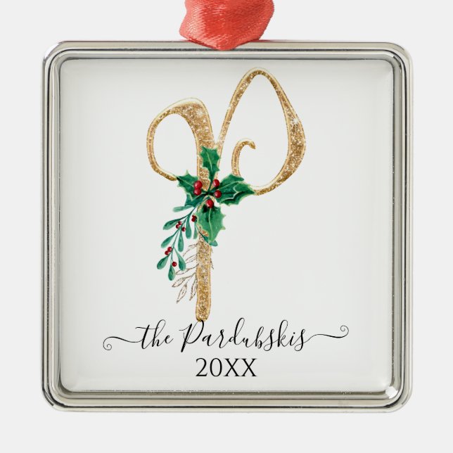 Adorno Metálico Monograma P Purpurina Navidades de oro Holly Folia (Frente)