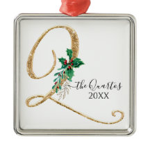 Monograma Q Purpurina de oro Navidades Holly Folia