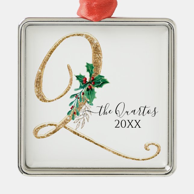 Adorno Metálico Monograma Q Purpurina de oro Navidades Holly Folia (Frente)