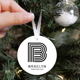 Adorno Metálico Monograma retro y nombre Navidades blancos y negro