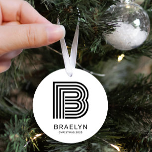 Adorno Metálico Monograma retro y nombre Navidades blancos y negro