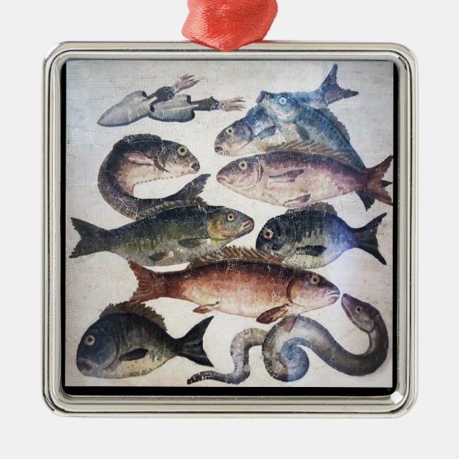 ADORNO METÁLICO MOSAICOS ROMANOS ANTIGUOS, PESCADOS, ESCENA DE VID (Frente)