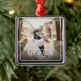 Adorno Metálico Mr & Mrs First Chirstmas Boarder Custom Photo 