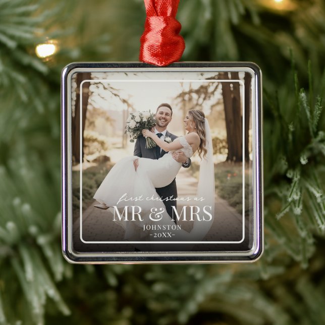 Adorno Metálico Mr & Mrs First Chirstmas Boarder Custom Photo  (Árbol)