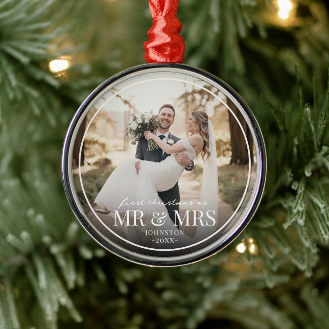 Adorno Metálico Mr & Mrs First Chirstmas Boarder Custom Photo  (Árbol)