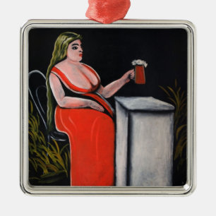 Adorno Metálico Mujer curvada con una taza de cerveza
