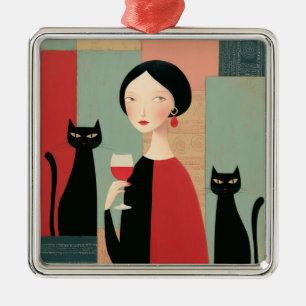Adorno Metálico Mujer elegante gatos negros y vino