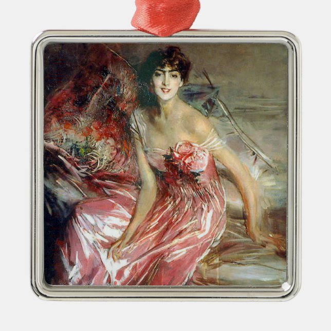 Adorno Metálico Mujer joven y hermosa vestida de rosa (Frente)