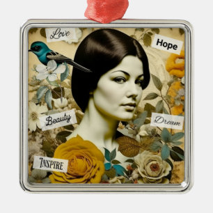Adorno Metálico Mujer Vintage y Pájaro Azul Personalizado Navidad