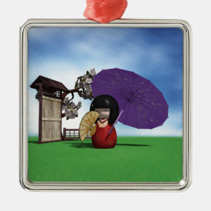 Adorno Metálico Muñeca Kokeshi Japonesa Arte Flor de Cerezo