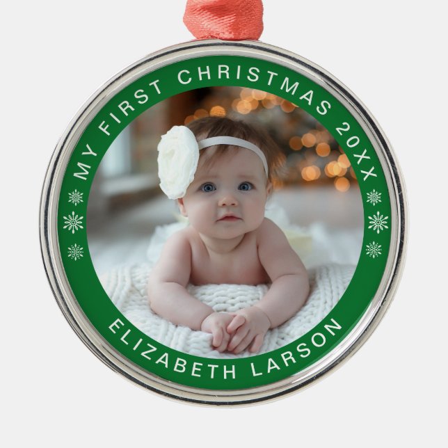 Adorno Metálico My First Christmas Personalized Baby Photo Red (Frente)