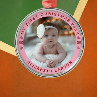 Adorno Metálico My First Christmas Personalized Baby Photo Red