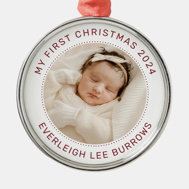 Adorno Metálico My First Christmas White Personalized Baby Photo  (Frente)
