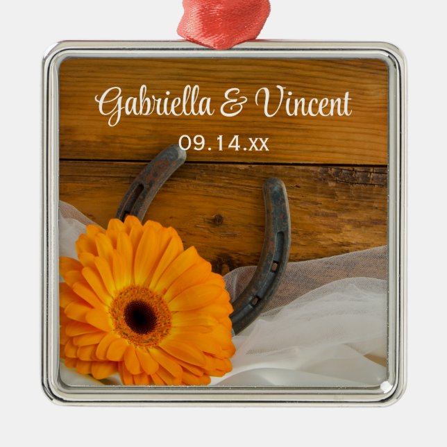 Adorno Metálico Naranja Daisy y Horseshoe País Boda Occidental (Frente)