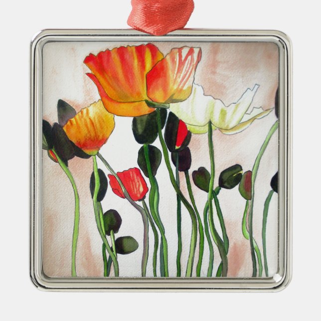 Adorno Metálico Naranja Flores de adormidera pintura acuarela (Frente)