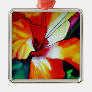 Adorno Metálico Naranja Hibiscus flor tropical acuarela arte