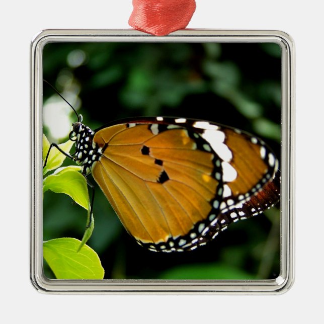 Adorno Metálico Naranja, mariposa negra y blanca en hojas (Frente)