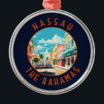 Adorno Metálico Nassau Bahamas Viaja por arte<br><div class="desc">Diseño de viaje vectorial retro de Nassau. Se encuentra en la isla de New Providence,  con la cercana isla Paradise a la que se puede acceder a través de los puentes del puerto de Nassau.</div>
