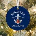 Adorno Metálico Nautical Lake House Anchor Winter Floral Blue<br><div class="desc">Nautical Lake House Nombre Familia Navy Ornamento Metalizado Azul. La decoración es de estilo Art Nouveau y está decorada con Watercolor Floral,  con poinsettias rojas,  pinos y otras hermosas zonas verdes invernales.</div>