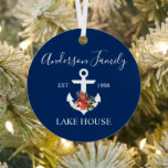 Adorno Metálico Nautical Lake House Winter Floral Naval Azul<br><div class="desc">Elegante Guión Nautical Lake House Nombre Familia Navy Ornamento Metalizado Azul. La decoración es de estilo Art Nouveau y está decorada con Watercolor Floral,  con poinsettias rojas,  pinos y otras hermosas zonas verdes invernales.</div>