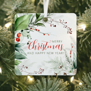 Adorno Metálico Navidad alegre vegetación acuarela festiva