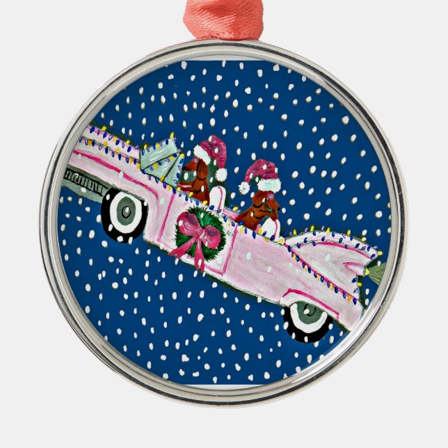 Adorno Metálico Navidad Cadillac rosado de Santas del Dachshund (Frente)