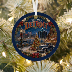 Adorno Metálico Navidad en Detroit Recuerdo de Viaje Vintage