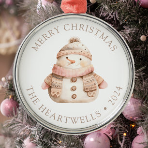 Adorno Metálico Navidad Feliz Muñeco de Nieve Rosa Personalizado