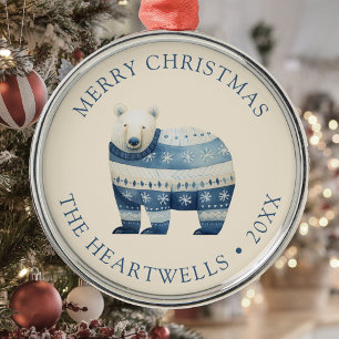 Adorno Metálico Navidad Feliz Oso Polar Azul Personalizado 2025