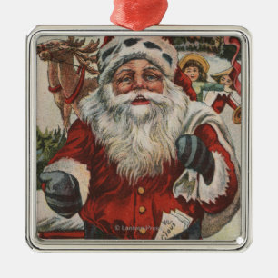 Adorno Metálico Navidad GreetingSanta con los ciervos y los niños