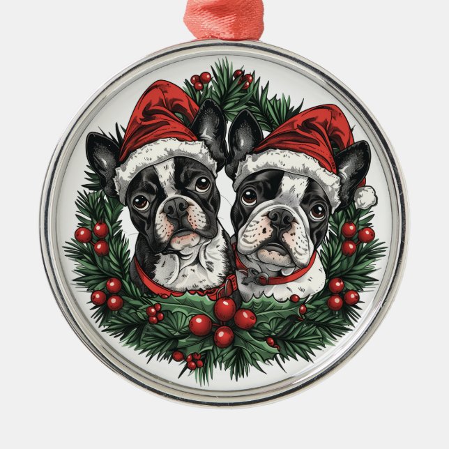 Adorno Metálico Navidades Boston Terrier Dogs Holiday Wreath (Frente)