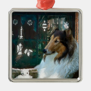 Adorno Metálico Navidades Collie en la ventana
