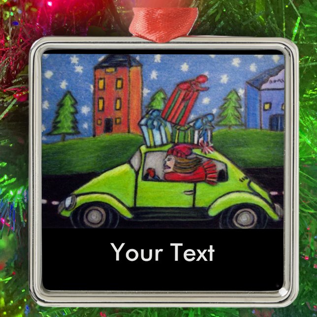 Adorno Metálico Navidades Comprando Regalos De Coches (Woman driving green car with Christmas Presents past building trees on Christmas ornament.)
