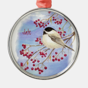 Adorno Metálico Navidades con fecha personalizado Chickadee Bird &