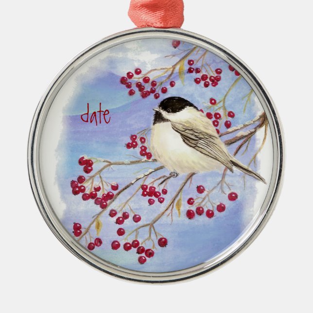 Adorno Metálico Navidades con fecha personalizado Chickadee Bird & (Frente)