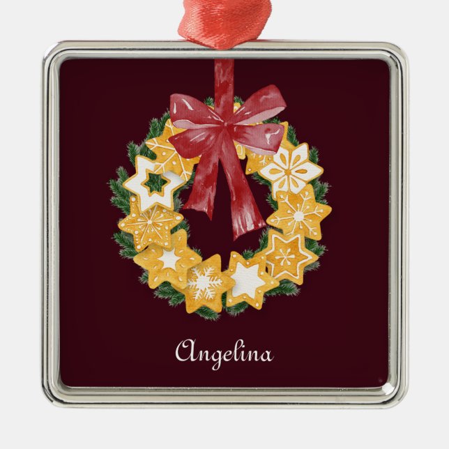 Adorno Metálico Navidades cookie wreath con fondo de Borgoña (Frente)