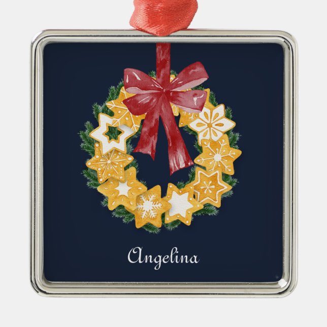 Adorno Metálico Navidades Cookie Wreath con fondo gris azul (Frente)