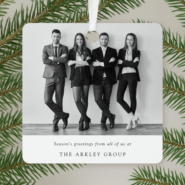 Adorno Metálico Navidades corporativos | Negros y blancos (Custom team photo ornament created for sleek, stylish, and professional corporate gifting)