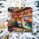 Adorno Metálico Navidades Cosy Cottage Kitsch Retro Personalizados<br><div class="desc">Decoración navideña personalizada Cocina verde azulada y acogedora de estilo vintage llena de decoraciones navideñas, luces de Navidad y vibraciones retro. Les deseamos un Navidad acogedor y un feliz año nuevo. El texto posterior de este adorno de vacaciones puede ser personalizado, por lo que puede añadir su nombre si lo...</div>