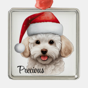 ADORNO METÁLICO NAVIDADES CUTE BICHON FRISE PERRO CON SANTA HAT