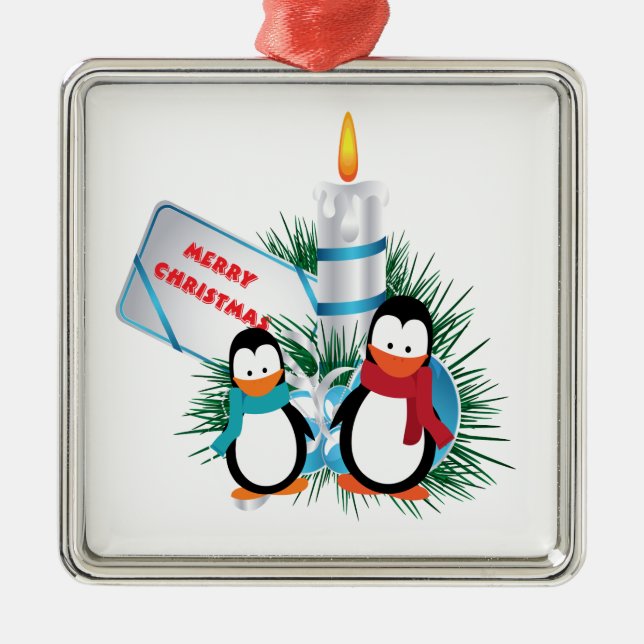 Adorno Metálico Navidades Cute Pingüinos Y personalizado De Velas (Frente)