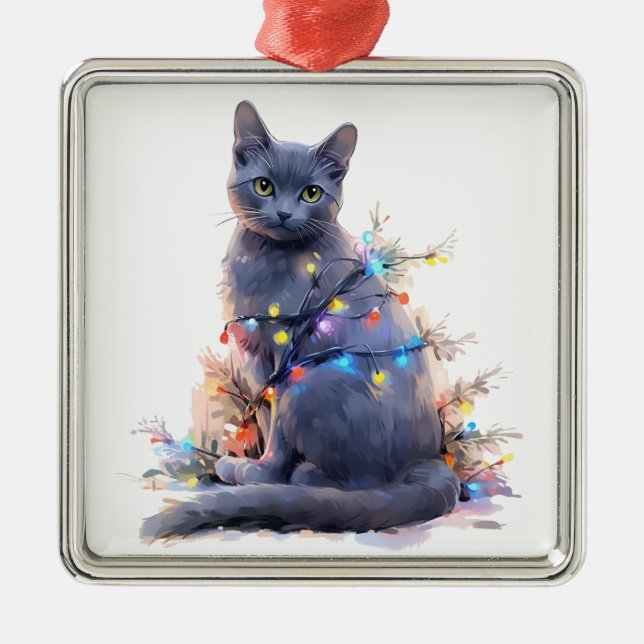 ADORNO METÁLICO NAVIDADES CUTE RUSOS AZULES DE GATO AZUL LUCES DE  (Frente)