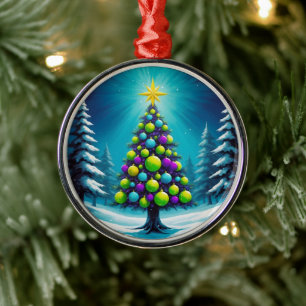 Adorno Metálico Navidades de arte pop con morado azul verde neón